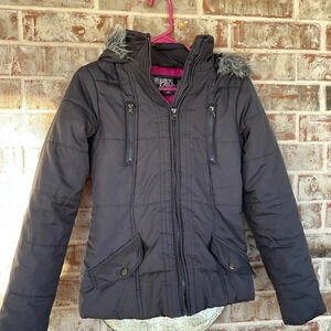 Krush Gray Puffer With Faux Fur Trimmed Hooded Coat